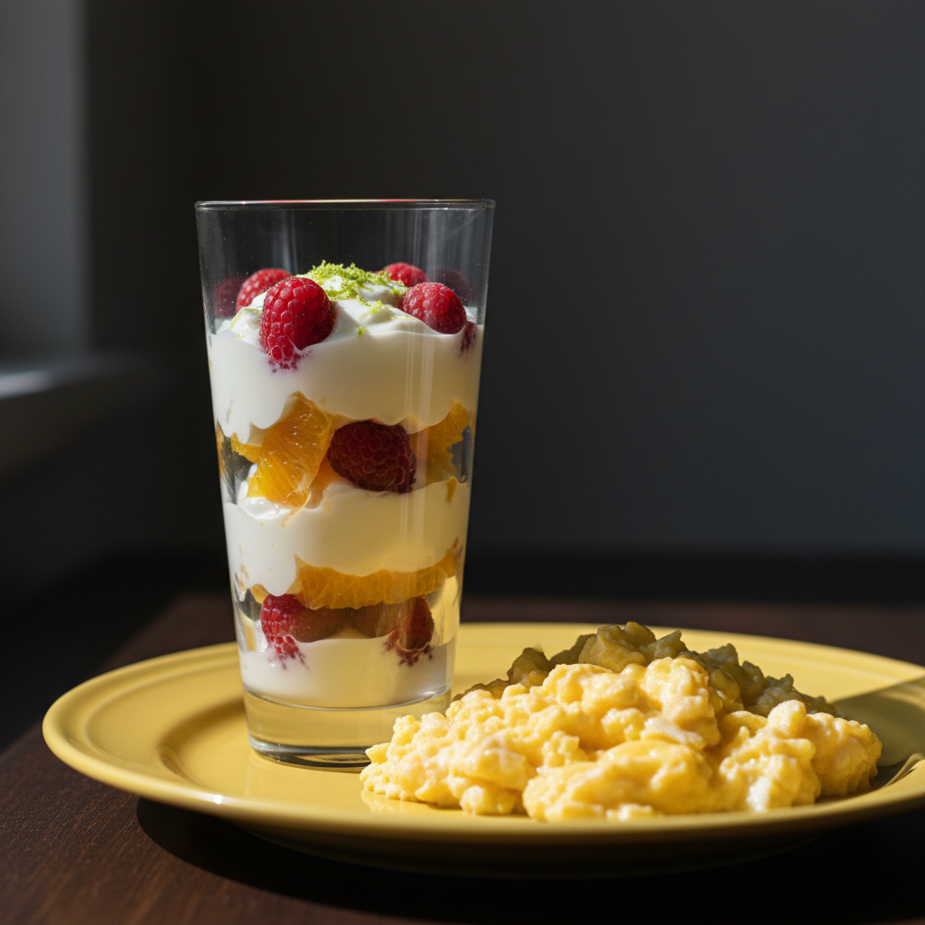 Creamy Scrambled Eggs with Citrus Berry Yogurt Parfait